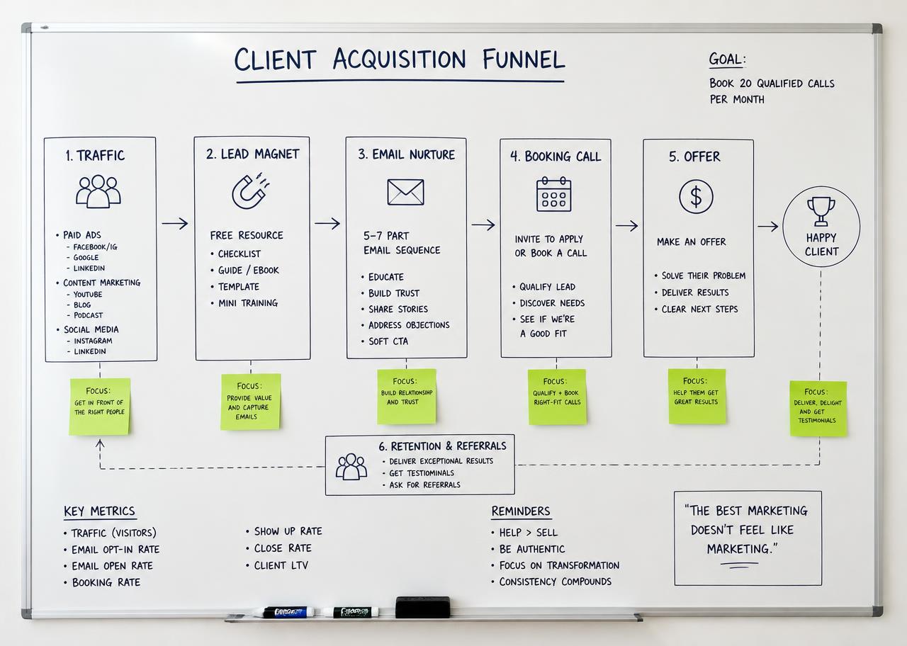 Hand-drawn client acquisition funnel map on a whiteboard