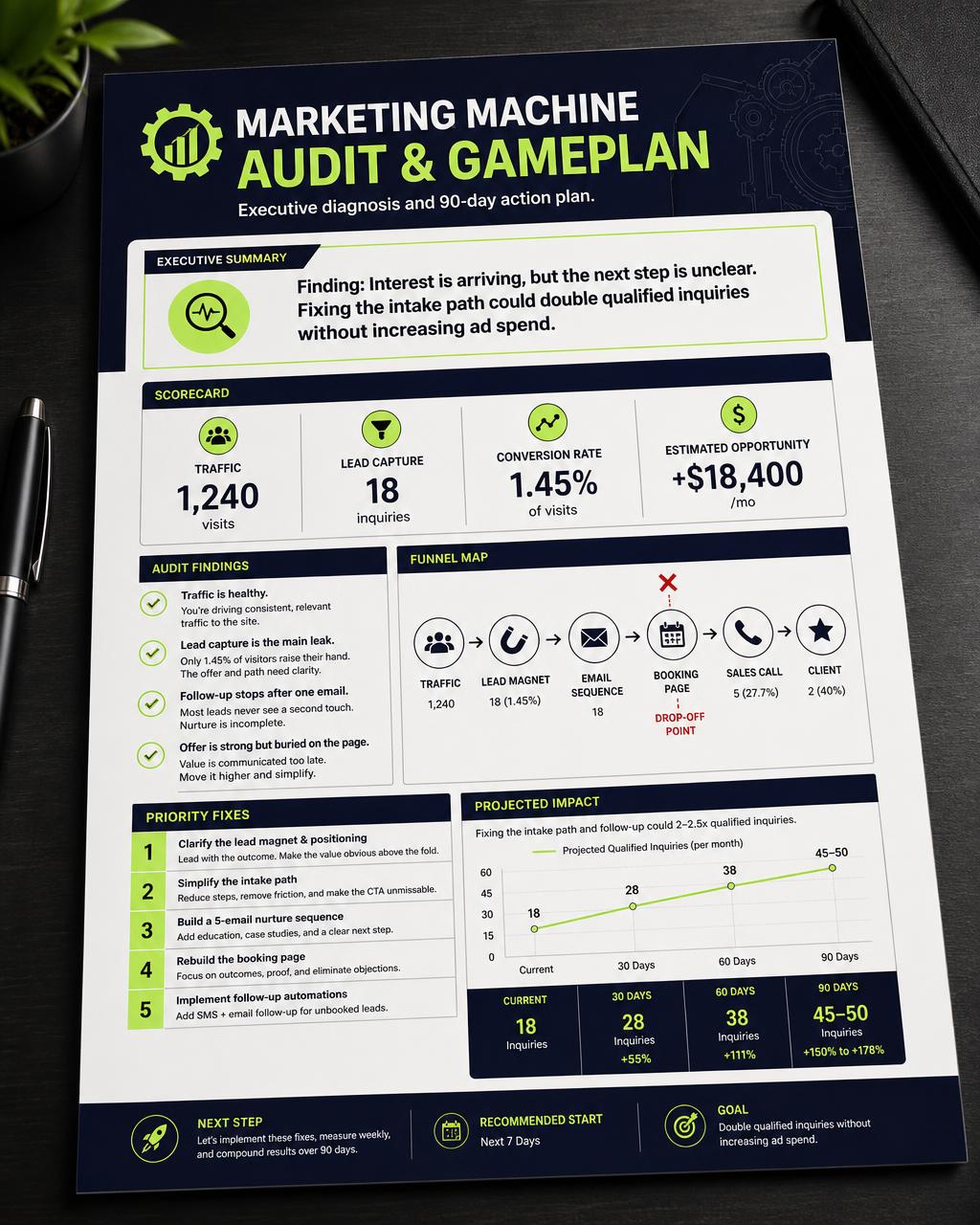 Sample marketing audit and gameplan report showing scorecard, funnel map, findings, priority fixes, and projected impact